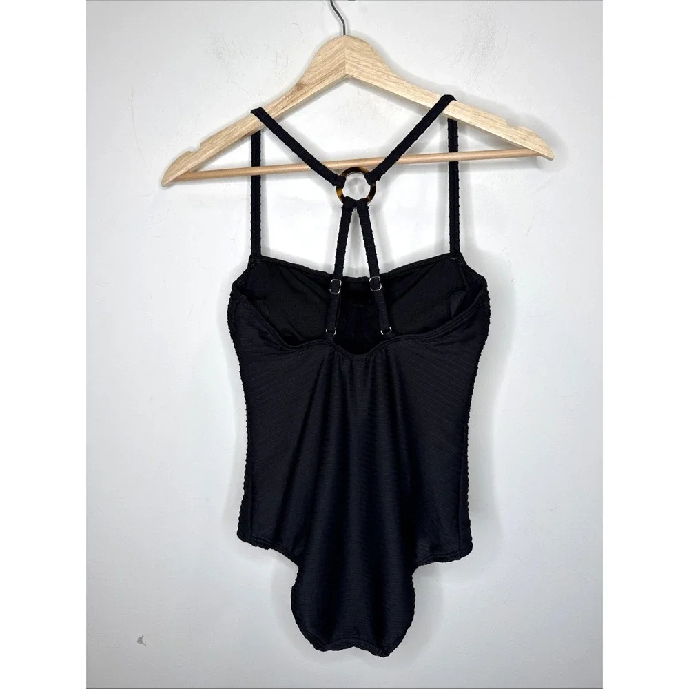 Freely One Piece Bathing Suit Swim Women's S Black Texture Ribbed O Ring Minimal